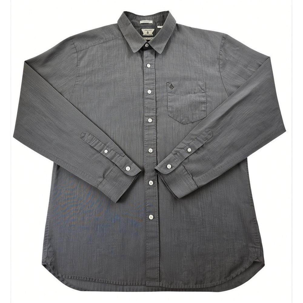 Volcom Mens Large Classic Fit Long Sleeve Button Down Shirt Gray Pocket Logo